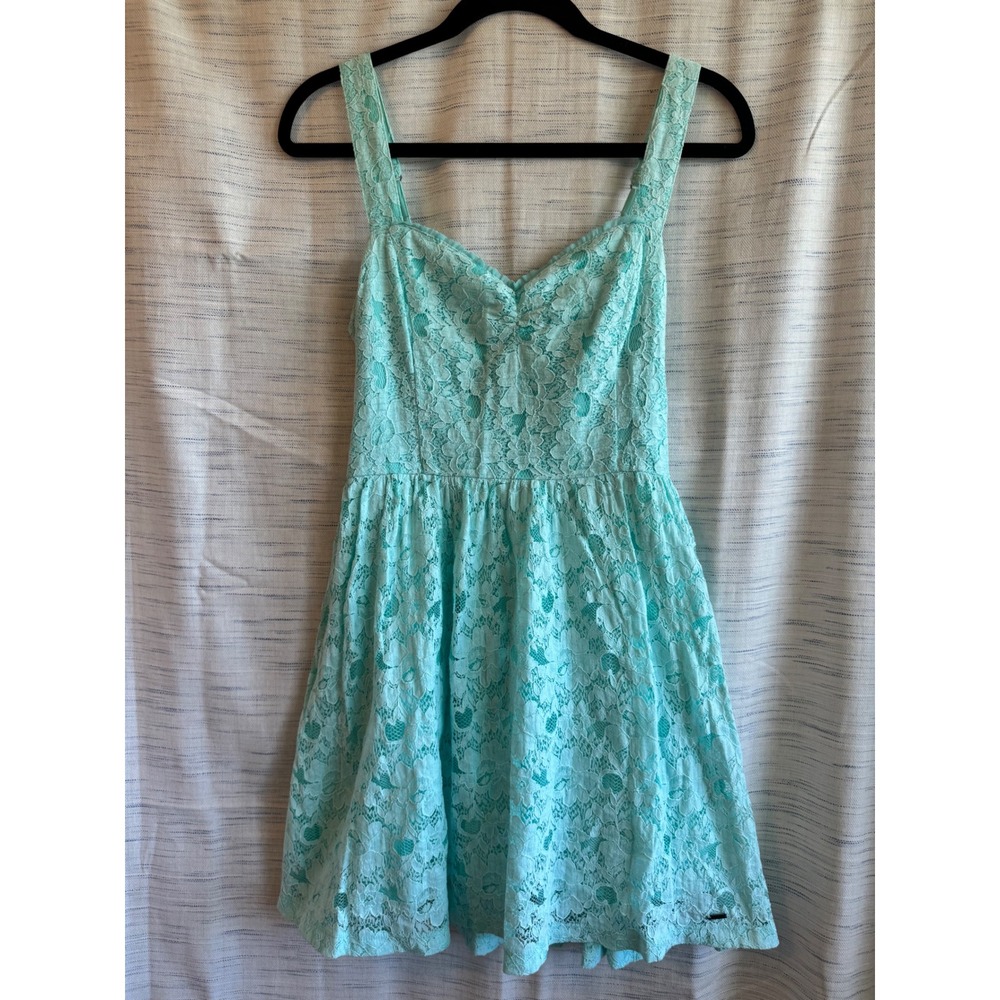 Y2K Hollister Lace Fit and Flare Dress Aqua Blue Floral Sweetheart Smocked Back